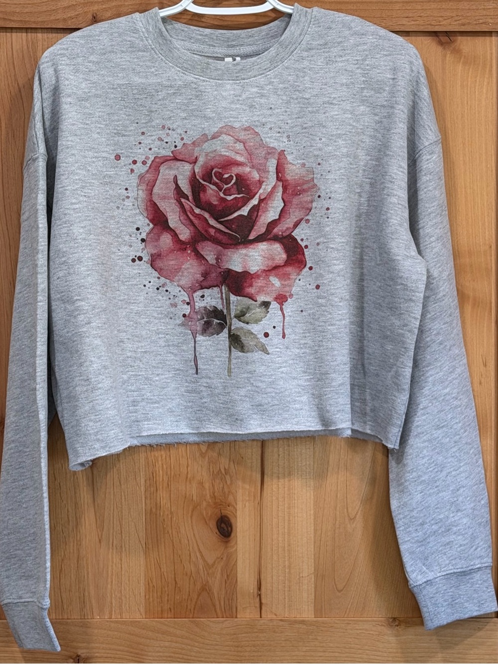 Rose Graphic Cropped Sweatshirt Gray Crewneck Floral Long Sleeve M